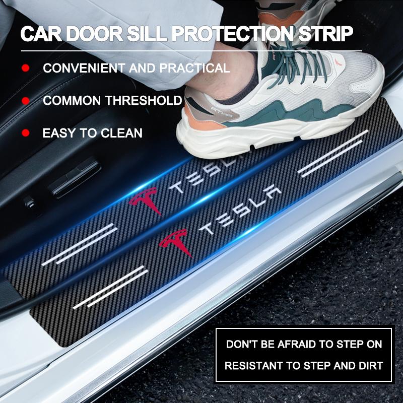 4Pcs Carbon Fiber Car Doorsill Stickers Protect Film Auto Styling For Tesla Model 3 S X Y Style Roadster Invader Coil Mod WYE K80