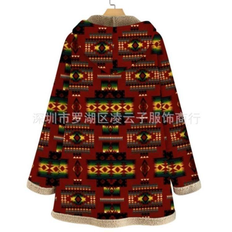 Hooded Warm Women's Fleece Coat Plus Size Loose Long Winter Outwear Printed Retro Pockets