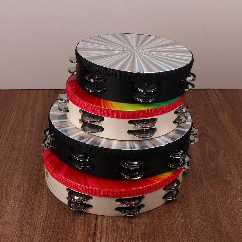 8/10 In Wooden Tambourine Handbell Hand Drum W/ Double Row Jingles Laser/Rainbow Drum Head Musical Percussion Instrument