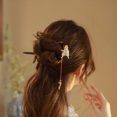 1PC Hanfu Haarnadel Haar Sticks Chinesischen Stil Katze Angeln Holz Haar Stick Frauen Haar Essstäbchen Cheongsam Zubehör Vintage