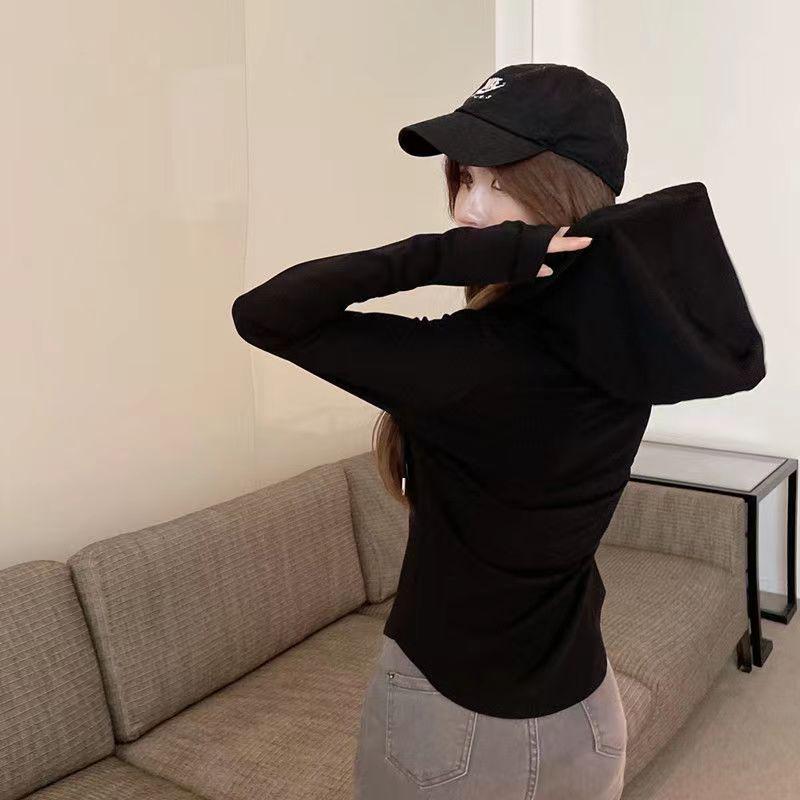 Women's Autumn 2024 Hooded Long Sleeve T-shirt with Waist-Cinching Slim Fit
