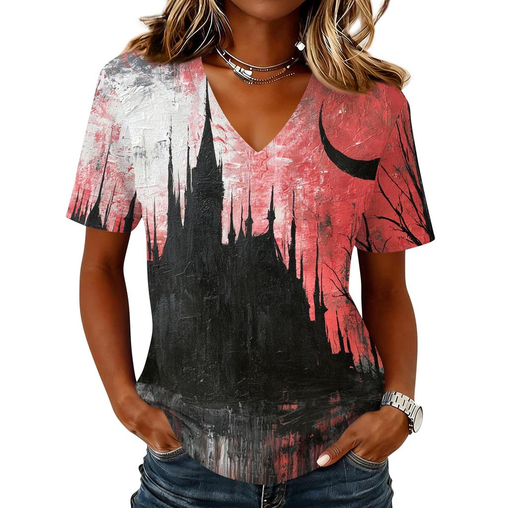 Womens Halloween Print V Neck Pullover Top Short Sleeve Casual Shirt Lightweight Comfortable Fit