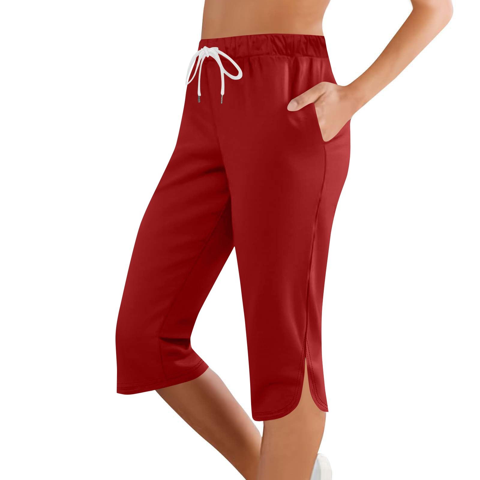 

Women s Fashion Summer Yoga Sweatpants Casual Solid Color With Pockets Knee Pants L червоний