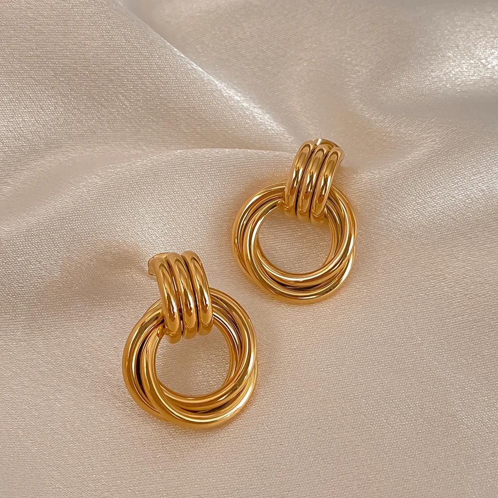 EManco Vintage Texture 18K Gold Plated Stainless Steel Hoop Earrings Women Geometric Circle Twist Fashion Jewelry