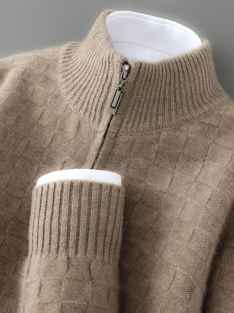 Men's Trendy Plaid Jacquard Wool Cardigan: Loose, Versatile, Long-Sleeved, Knitted, Cashmere Blend, Seven-Needle Thick.