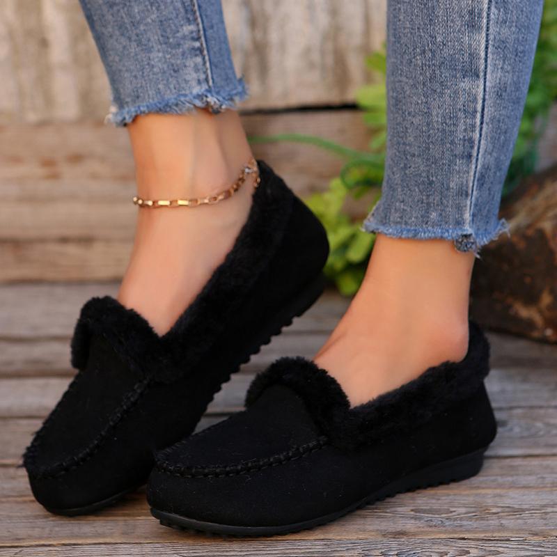 Lucyever 2024 Winter Slip On Thick Plush Flats Shoes for Women Comfort Warm Casual Shoes Woman Solid Color Soft Sole Loafers