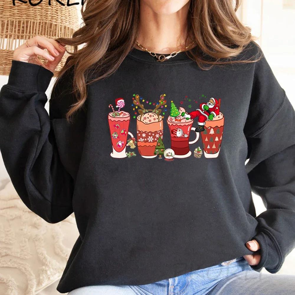 

Рождественский кофейный свитшот Свитшот Счастливого Рождества Женские свитшоты с круглым вырезом Милая толстовка с Санта-Клаусом Рождественский подарок Одежда XXL чёрный