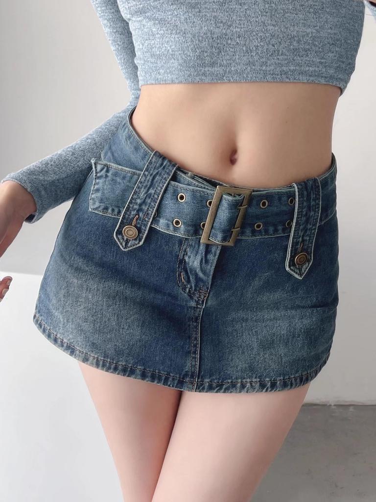 Syvent Mini Gal Short Mini Jean High ZSY066 A-Line Skirt, Skirt, Skirt, Skirt, Elegant, Show-Off Pants, Mini, Belt, Waist, Pockets, Flare,