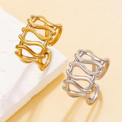 Anello aperto geometrico irregolare con intagli, stile chic europeo e americano, per donna - Acciaio inossidabile