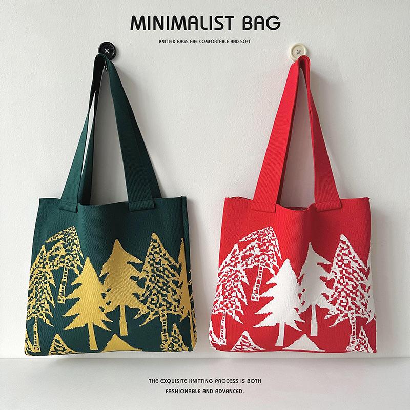 Weihnachtsbaum Gestrickte Große Kapazität Handtasche Weibliche Mode Hundert Wald Liebhaber Straße Kreative Hohe Aussehen Ebene Schulter Tasche