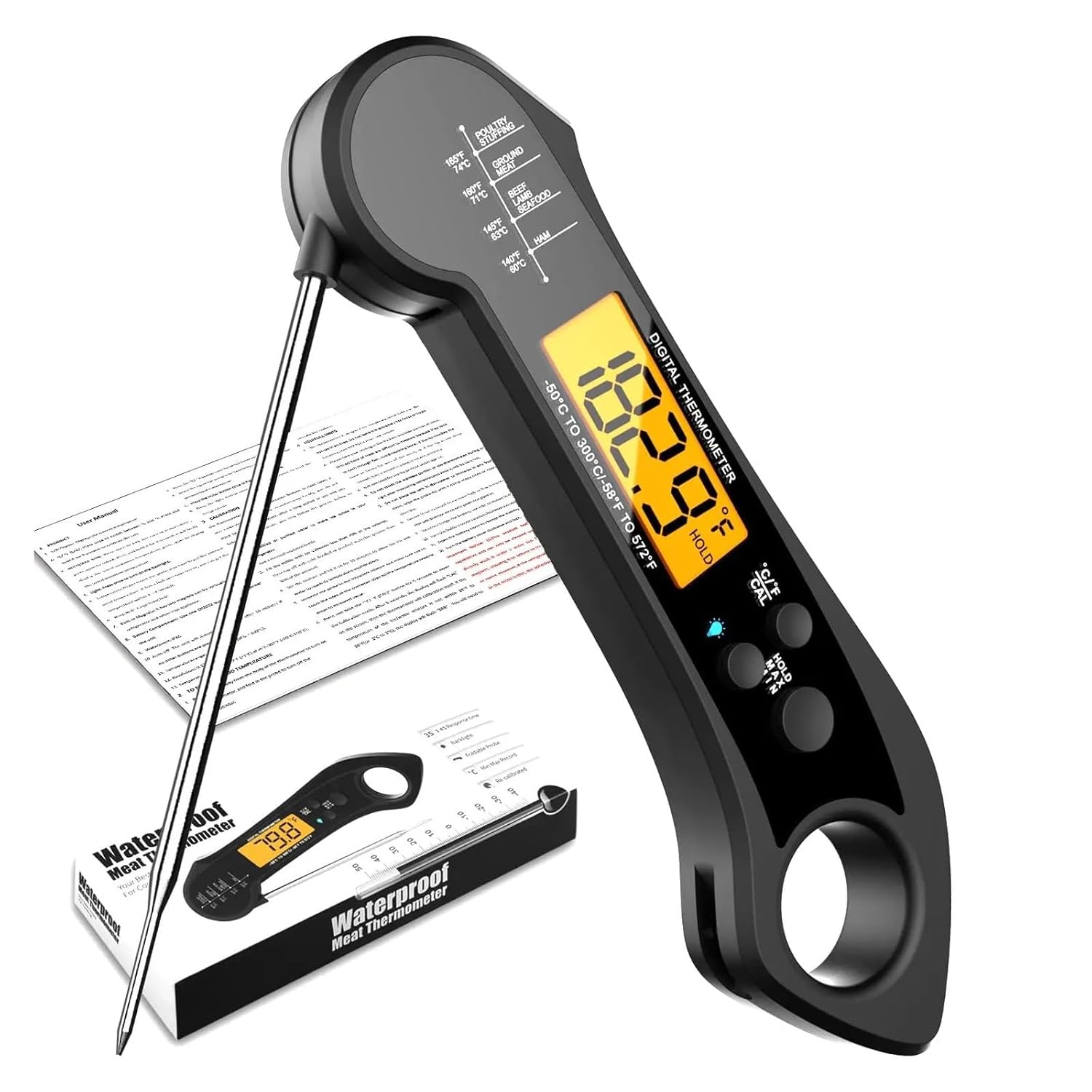 

Big Digital LCD Food Thermometer - Fast Accurate Meat Temperature Measurement,Lock Feature, 180° Extended Switch(C) чёрный