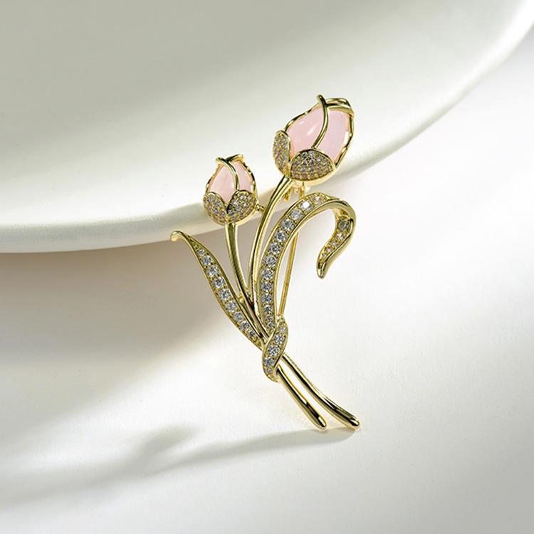 Japanese Tulip Brooch, High-End Feminine Exquisite Temperament, Diamond-Encrusted Brooch, Anti-Light Pin Buckle, Suit Accessories
