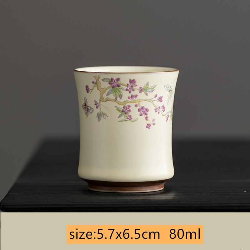 1 Pc Chinese Retro Ru Kiln Tea Cup Hand-painted Flowers Ceramic Teacup Handmade Personal Tea Bowl Household Portable Tea Set