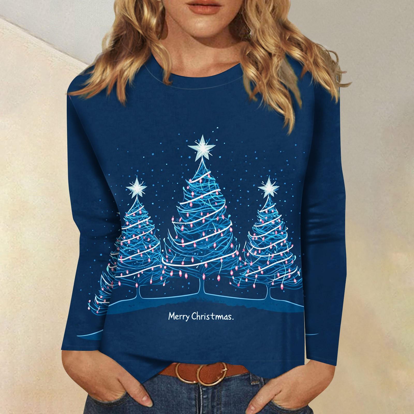 

Женская мода, повседневная блузка с длинным рукавом и круглым вырезом, пуловер с принтом S синий