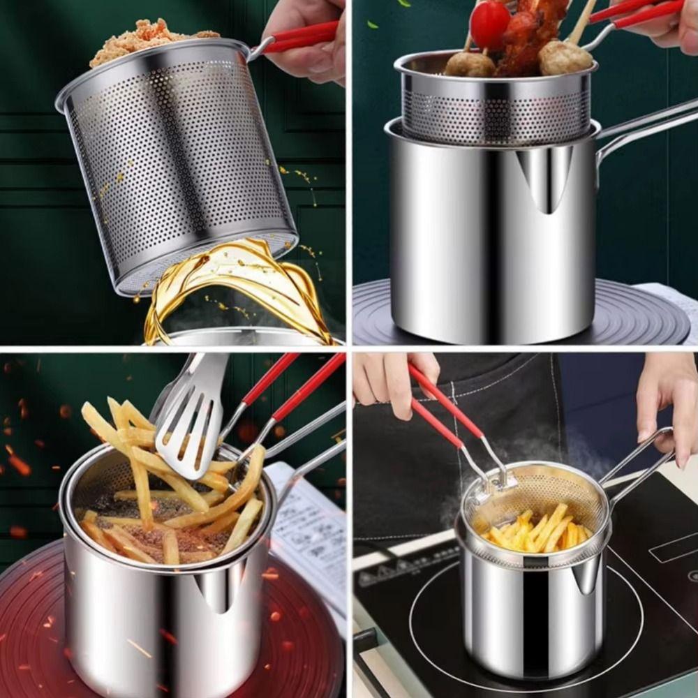 Detachable Handle Deep Fryer with Strainer Stainless Steel Tempura Fryer Pan  Kitchen