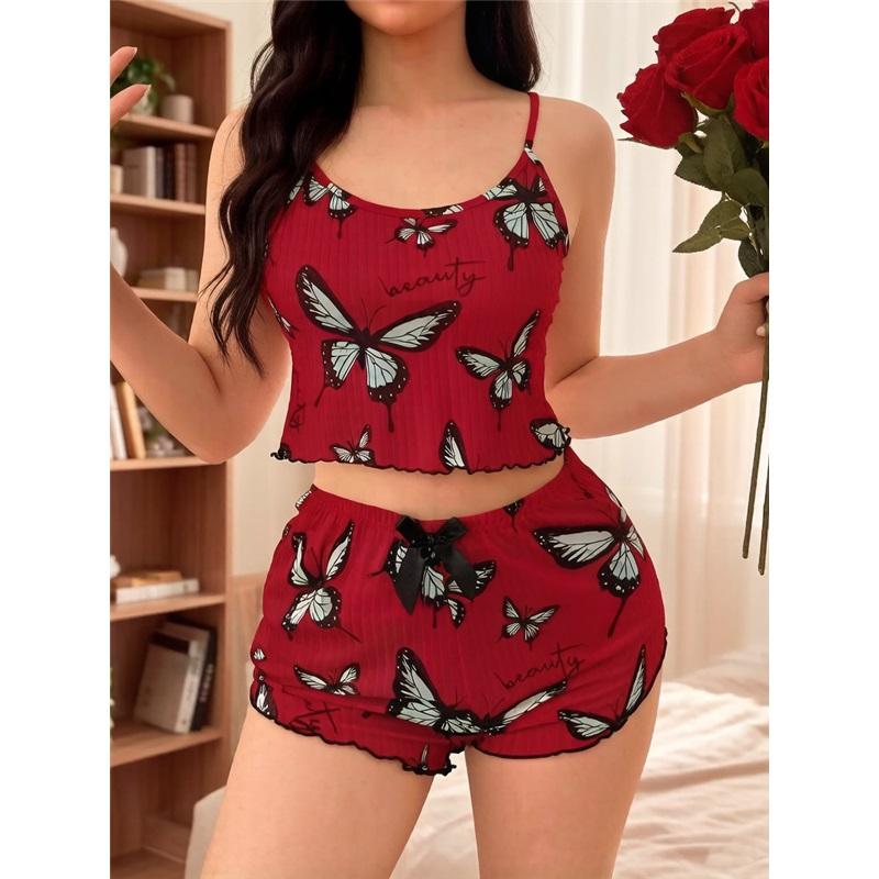 Women's Butterfly Print 2-Piece Loungewear Cami Top & Shorts Pajama Set Soft Milk Silk Sleepwear