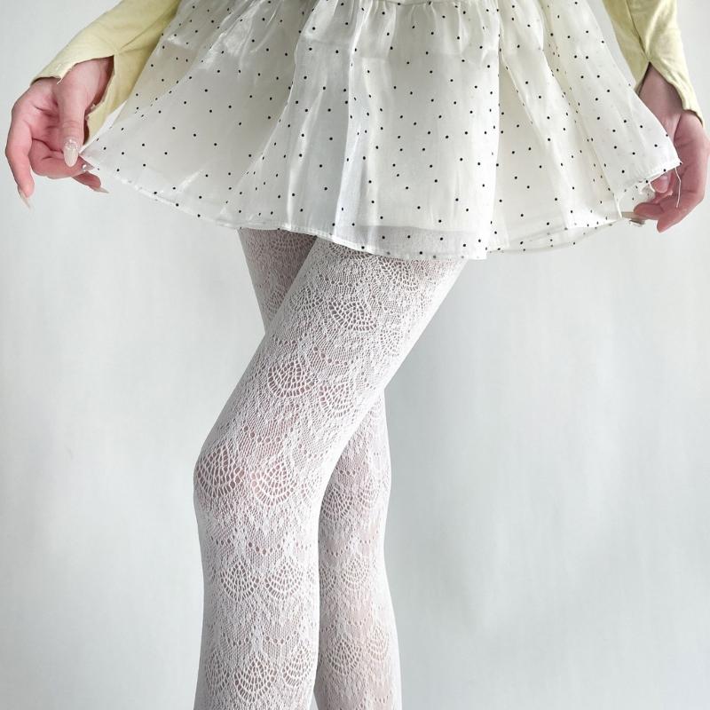 Women Elegant Hollowed Out Lace Solid Pantyhose Stockings Japanese Style Vintage Flower Jacquard Mesh Tights Leggings