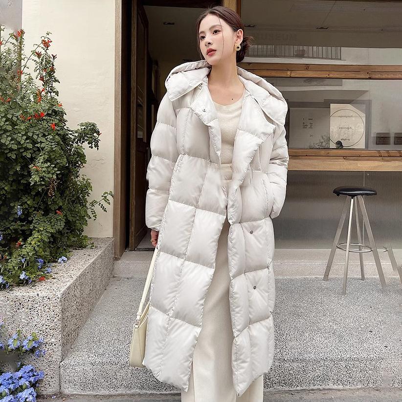 Suction buckle design long hooded white duck down jacket women's 2024 thickened winter warm jacket