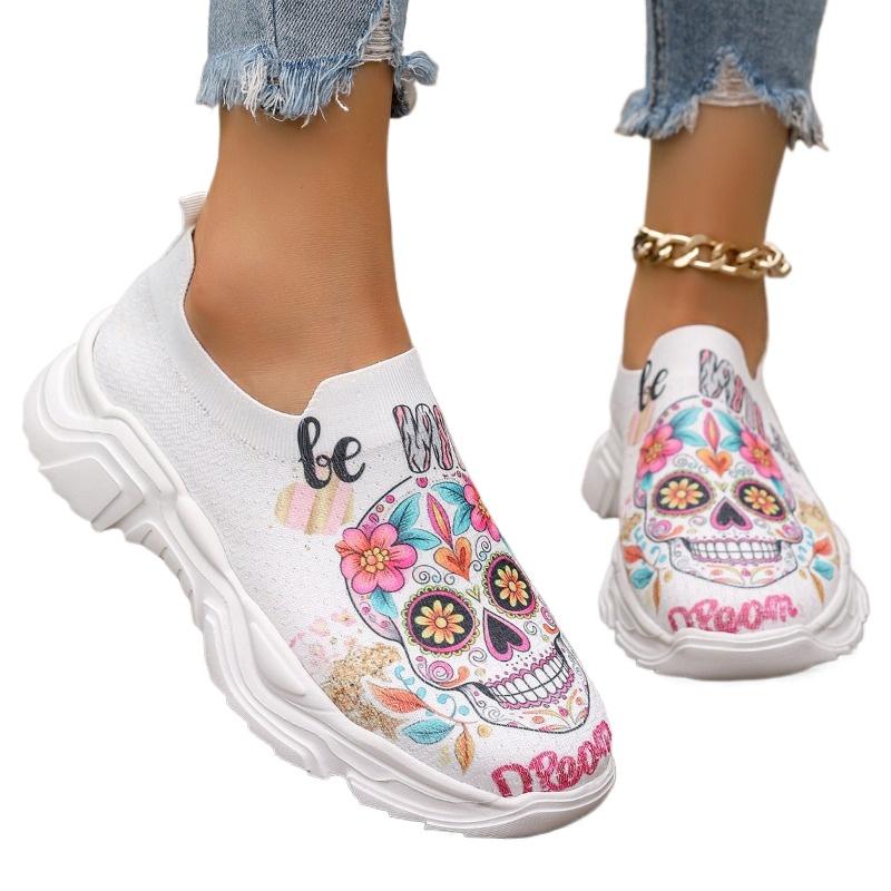 Fashion Fashion Print Non-Slip Sneakers for Women Summer Breathable Knitted Soft Sole Flats Woman Slip-On Platform Sports Shoes Ladies