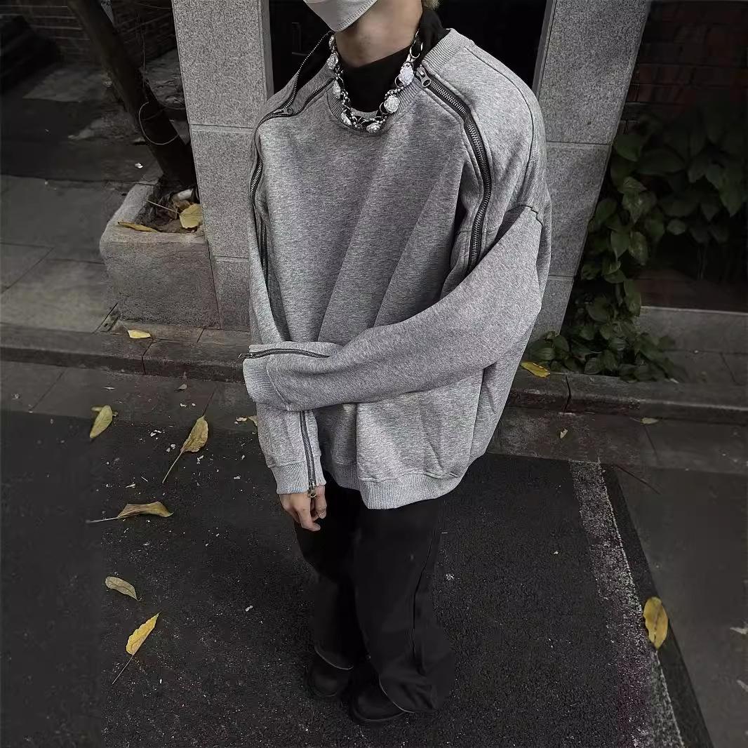 

Винтажный дизайн, свитер с круглым вырезом и несколькими молниями, мужской и женский, свободное осеннее пальто XXXL серый