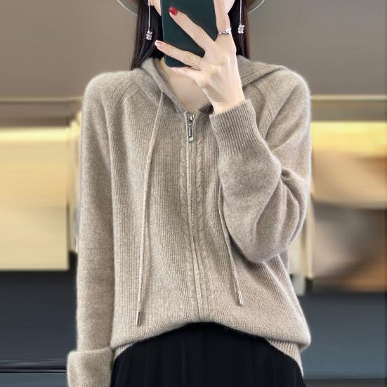 Pulover pentru femeie haină cu glugă cu șnur cu mânecă lungă, cu fermoar dublu, haină de tricotat, culoare solidă, îmbrăcăminte jacquard, largi