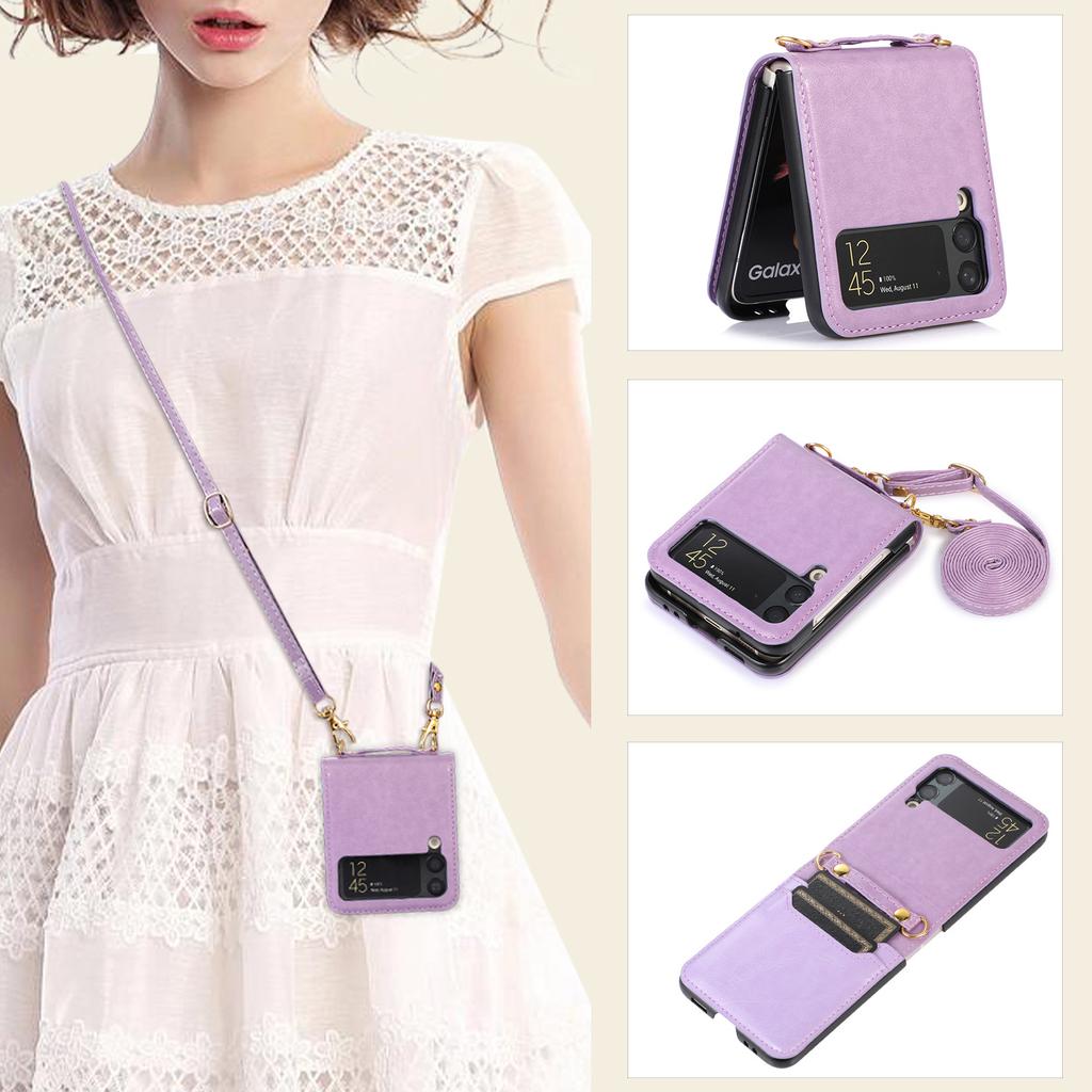 New Model Is Suitable for Samsung Z Flip6 Mobile Phone Case Folding Flip5 Crossbody Mobile Phone Leather Case Card Protection Case