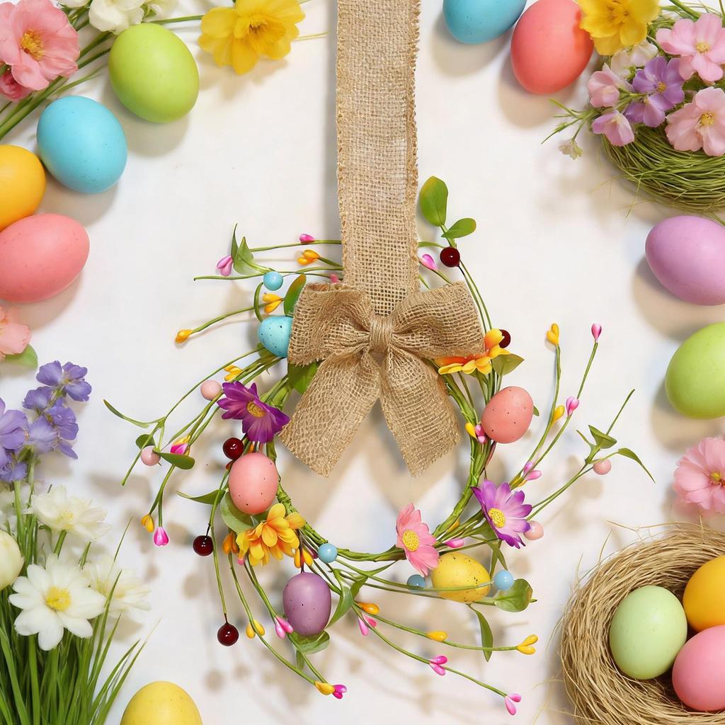 Easter Candle Wreath 10.6 Inch Egg Wild Flowers Garland Small Easter Wreath for Porch Outdoor Indoor Kitchen Doors Wall Table