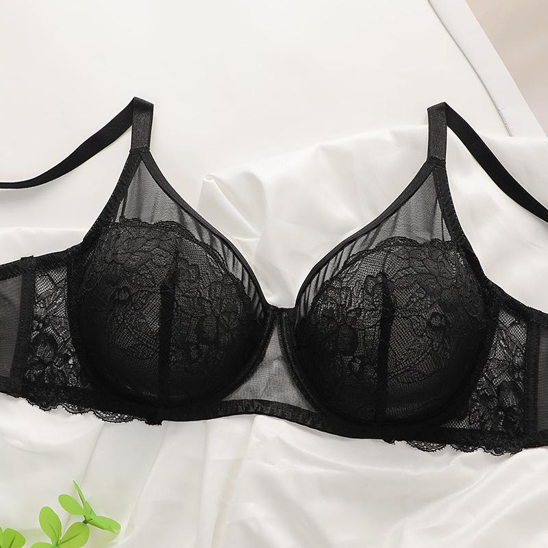 French Sexy Big Breasts Small Anti-sagging Large Size Underwear Thin Satin Splicing Lace Bra