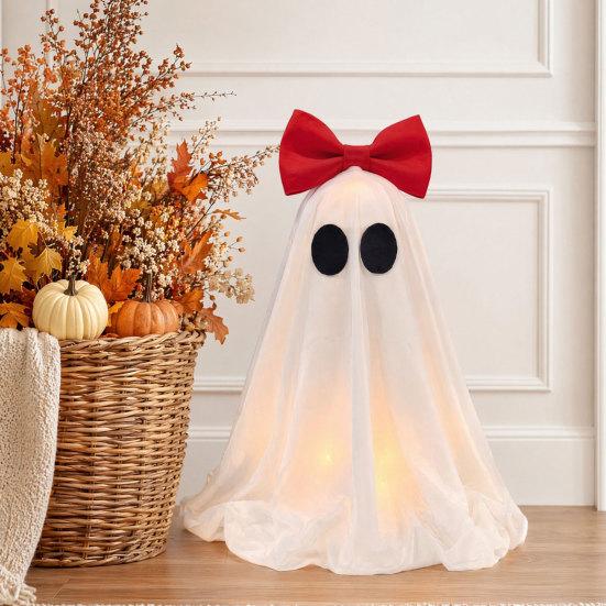 yangyizhi LED Ghost Decoration, Halloween Pink Bow Tabletop Ornament, Soft Fabric Haunted House Decor with Warm Glow for Home