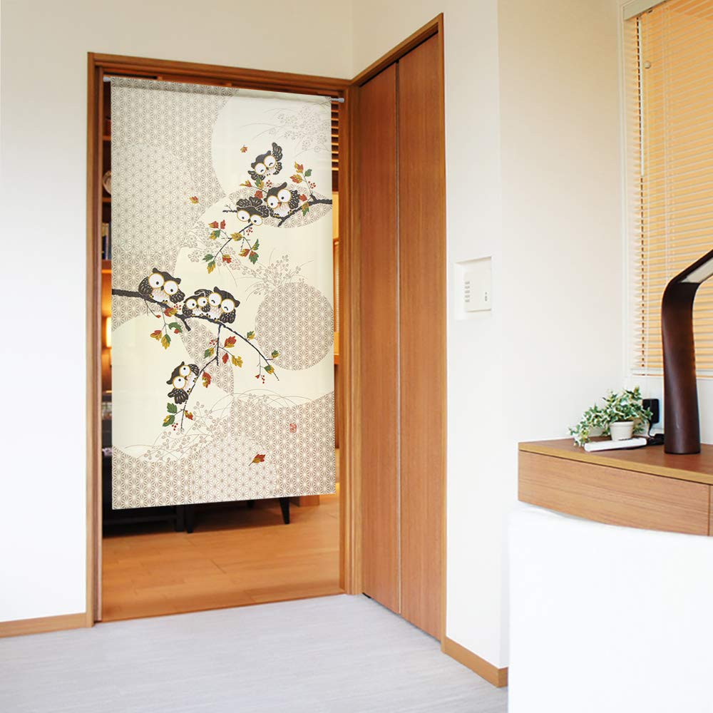 Noren Kobo Owl Lucky Charm Series Curtain with Checkered Lace Lucky 85cm Wide x 150cm with Leaves and Seven Lucky 93514 Print, Half-Length Curtain,