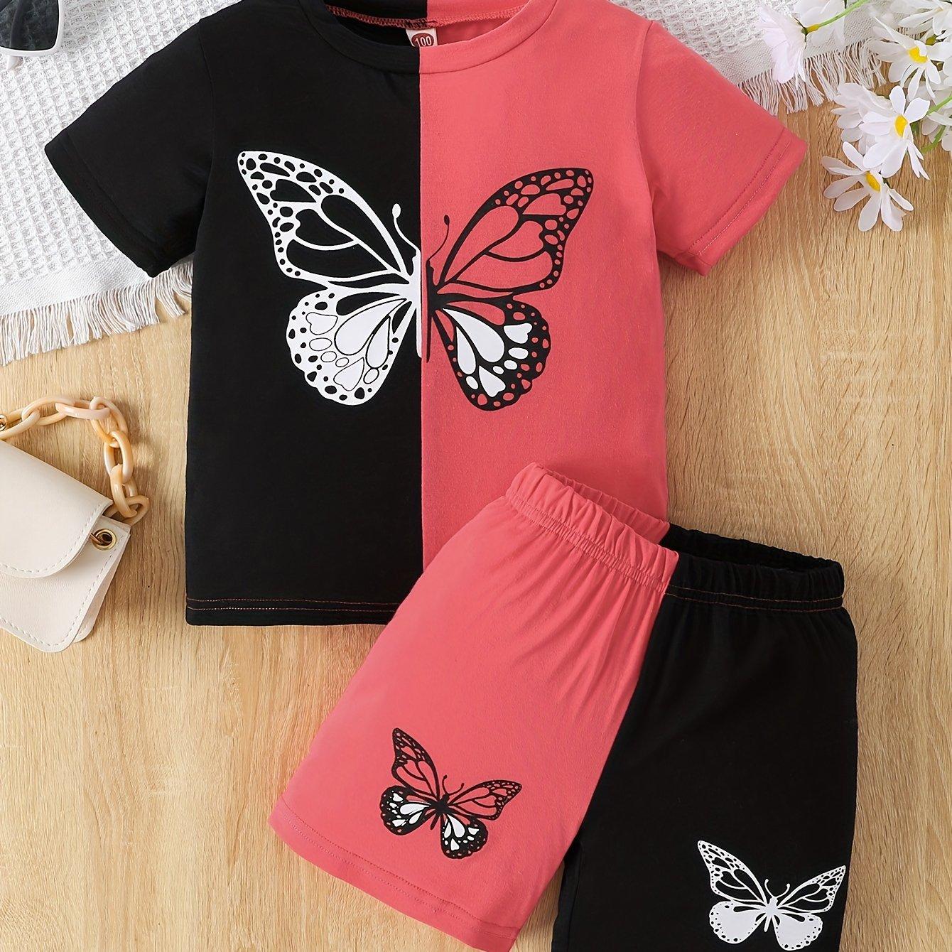 

Color Clash для девочек, комплект из 2 предметов, футболка и шорты, топ с короткими рукавами и принтом мультяшной бабочки, повседневная одежда, детская одежда на лето 160