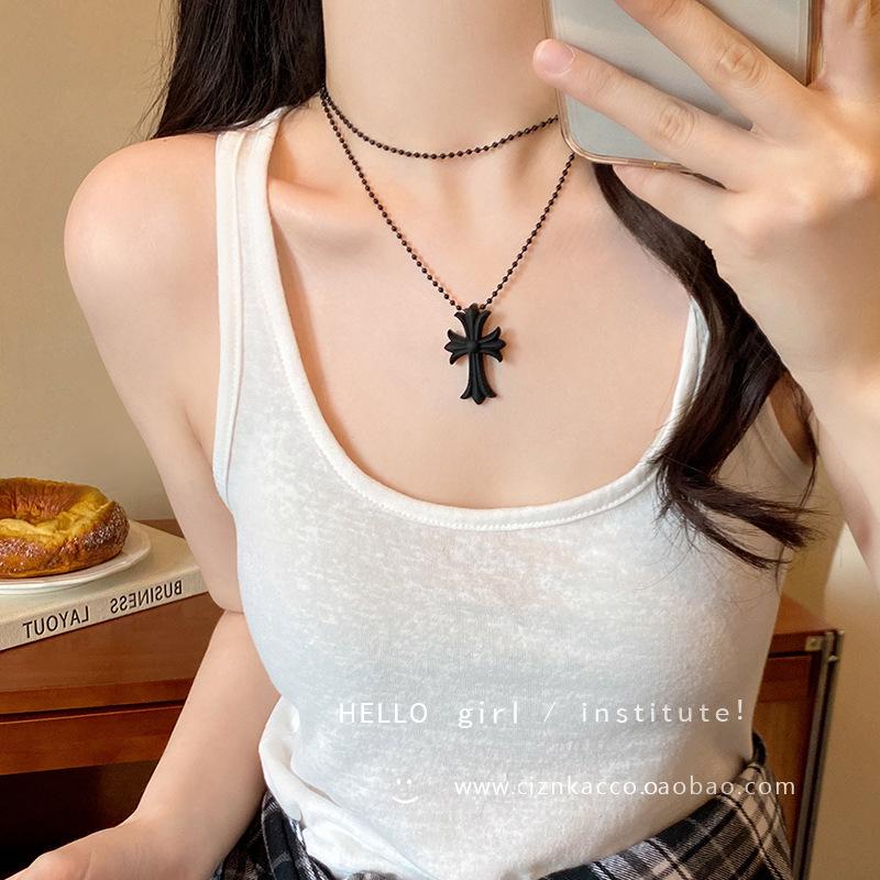 Dark Wind Stacked Belt Double Cross Necklace Female Sweet Cool Spice Girl Collarbone Chain