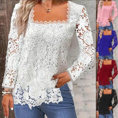Women Fashion Square Neck Lace Shirt Long Sleeve Pullover Elegant Comfortable Female Solid Color Bottoming Tops