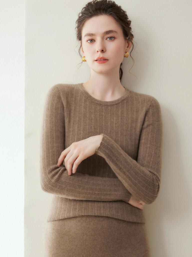 Women's 100% Pure Cashmere Slim Fit Round Neck Sweater, Autumn/Winter Knitted Pullover