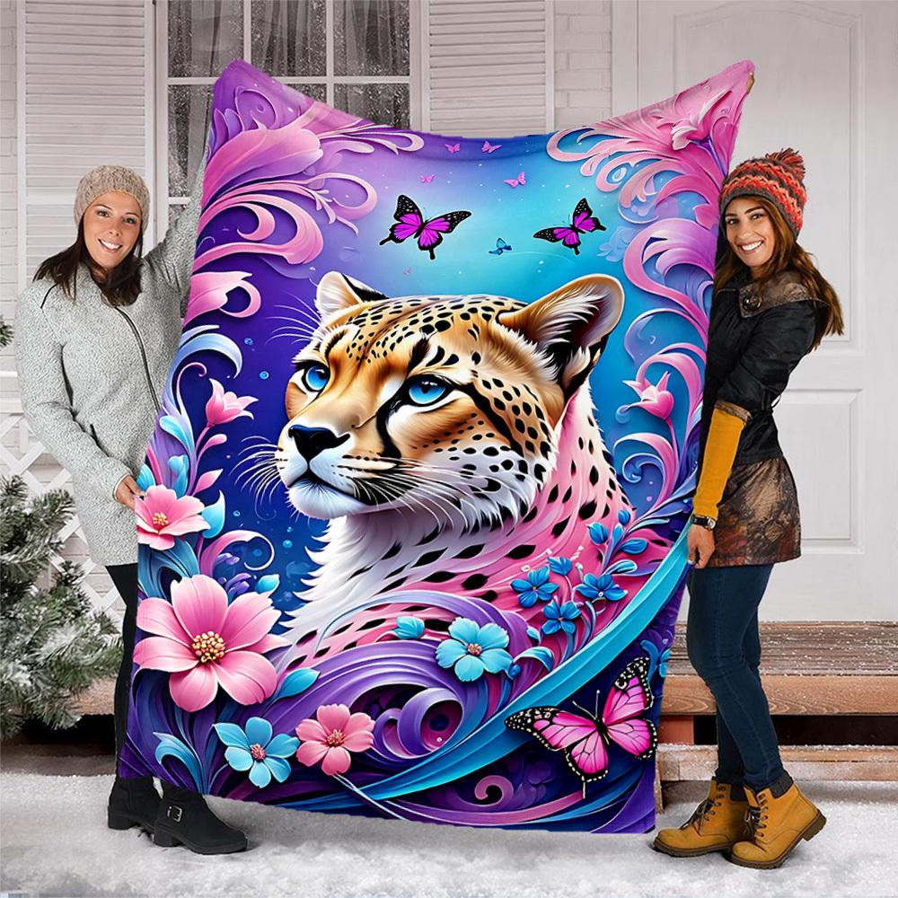 1pc Cheetah Floral Butterfly Throw Blanket Polyester Fiber, Lightweight Flannel, Soft & Warm, All Season Use for Outdoor, Camping Digital Print