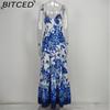 BITCED Spring Women's Casual Fashion Printed V-Neck Strapless Patchwork Split-Hem Full-Skirt Dress