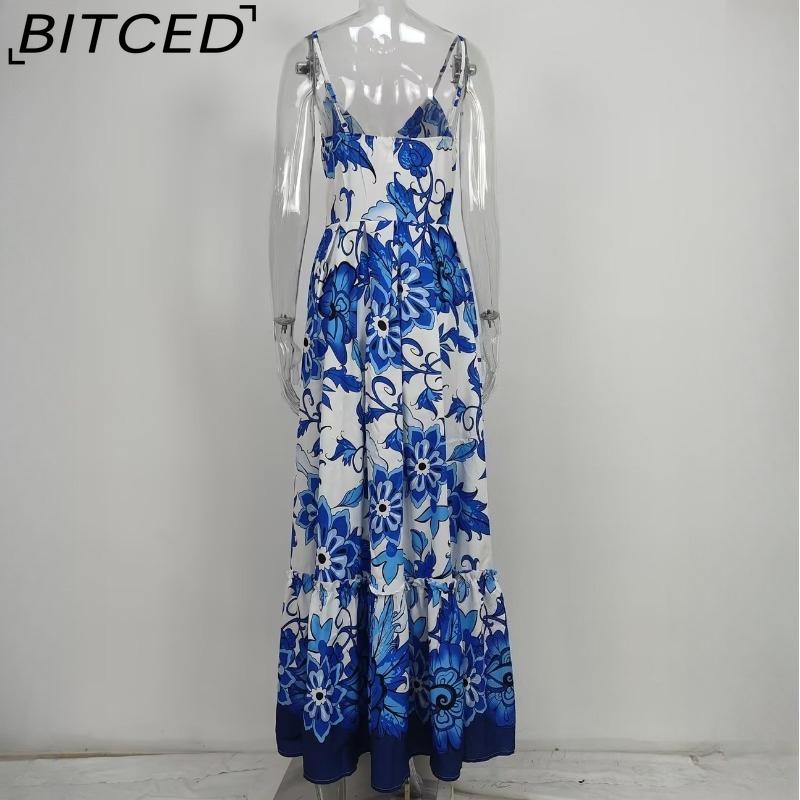 BITCED Spring Women's Casual Fashion Printed V-Neck Strapless Patchwork Split-Hem Full-Skirt Dress