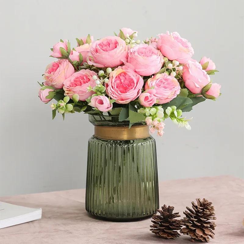 30cm Rose Pink Silk Bouquet Peony Artificial Flower 5 Big Head 4 Small Bud Bride Wedding Home Decoration Artificial Flower