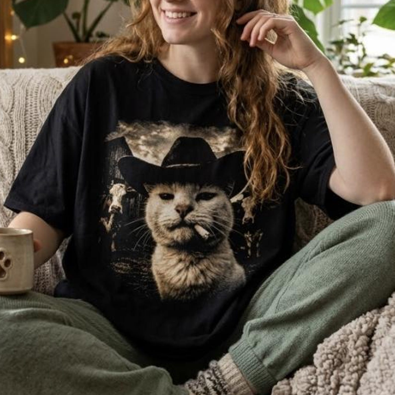 Funny Cowboy Cat T-Shirt, Smoking Cat with Hat Graphic Tee, Retro Farm Cat Meme Shirt, Unique Gift for Cat Lovers, Unisex Gildan 5000 Tee S