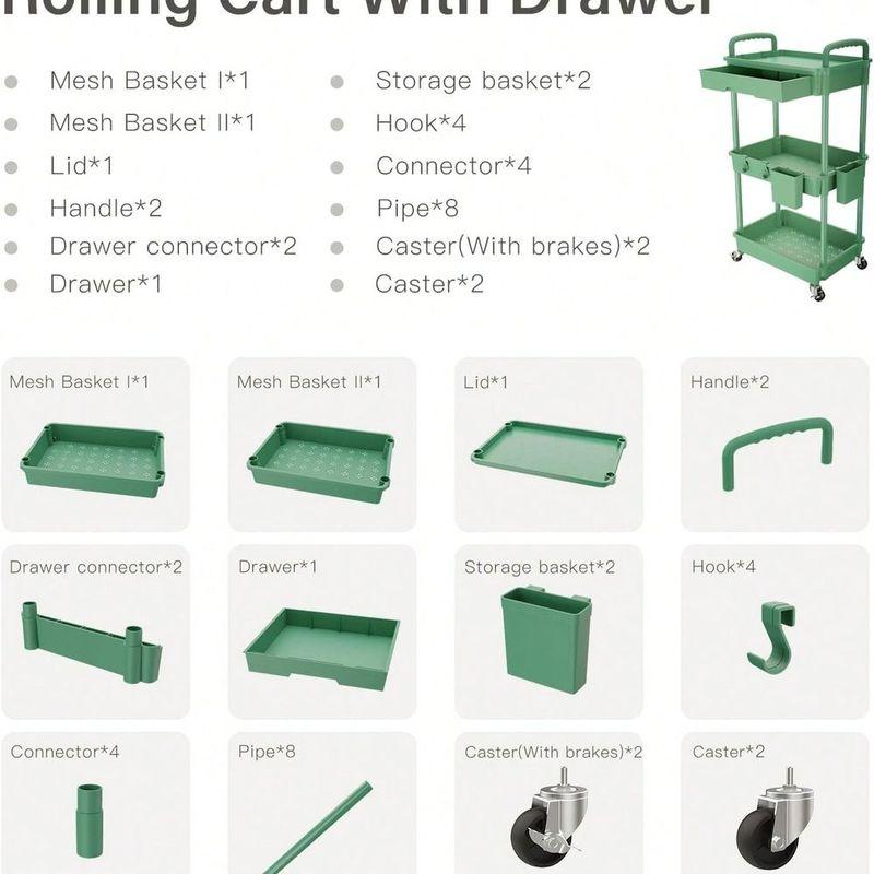 3 Tier Rolling Storage Cart With Drawers Rolling Utility Cart With Drawers,Room Decor,Bathroom Decor,Rolling Utility Cart Rolli