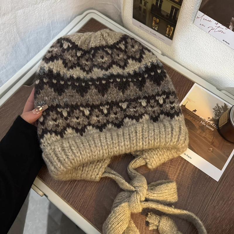Maillard Dopamine Contrasting Wool Hat Retro Fair Island Style Knitted Hat Ear Protector Warm Bag Hat Winter