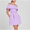 Women Simple Patchwork Off The Shoulder Party Dress Spring Summer Short Sleeve Mini Dress Slash Neck Solid Color Ladies Dress