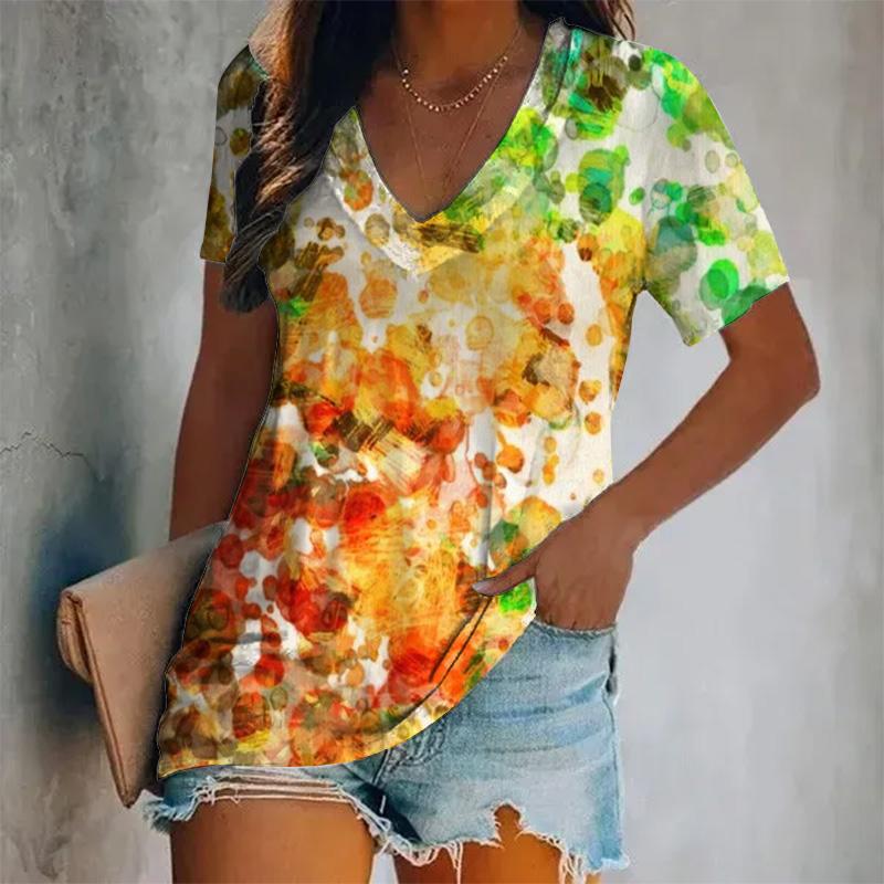 Damen Neues Kurzarm-V-Ausschnitt-T-Shirt mit gedrucktem Farbmuster, Übergroßes Damenoberteil im Y2K-Stil, Atmungsaktives T-Shirt