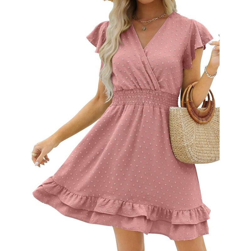 Summer  High Waist White Dress Sweet V-Neck Ruffle Short Sleeve Dot Dress Casual Cotton Linen Beach Mini Dress Vestidos 25628