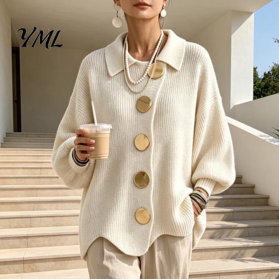 Women Knit Cardigan Oversized Sweater, Collared Top with Large Metal Relaxed Fit Buttons, Loose Lantern Sleeve Casual Sweater for Spring Autumn Button