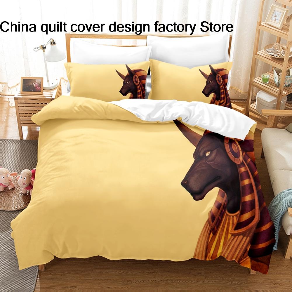 3Pcs Anubis Ancient Egypt Bedding Set 3D Print Egyptian Mythology Duvet Cover Pillowcases for Spiritual Room Decor Gift