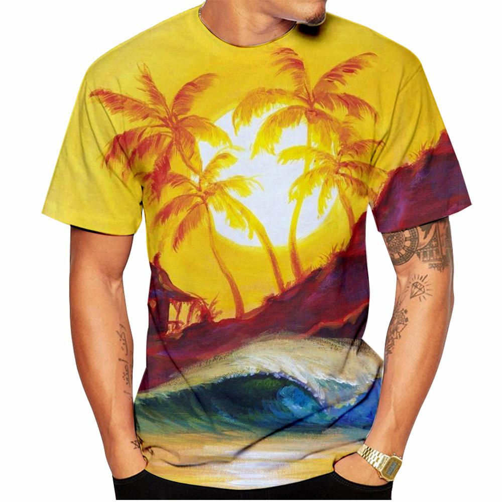 Summer Hawaiian Scenery 3D T-Shirt, Street Fashion Men's Stylish Loose Fit Round Neck Short Sleeve Top