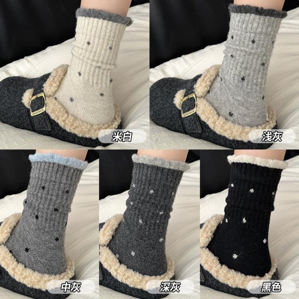 Winter Lace Color-Blocking Polka Dot Wool Socks Thickened Warm Birkenstock Stockings Piled Up With Socks