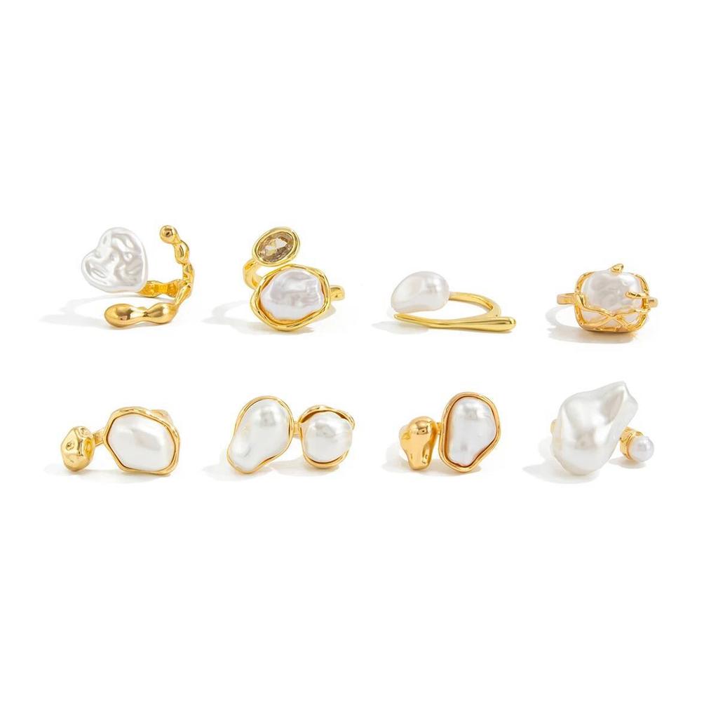 Salircon Vintage Exquisite Imitation Pearl Open Rings Women Trendy Irregular Geometric Adjustable Knuckle Joint Ring Y2K Jewelry
