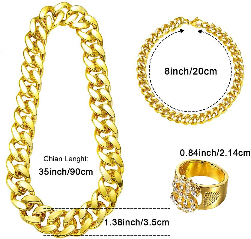 Hip-hop Exaggerated Punk Alloy US Gold Chain Necklace Glasses Ring Bracelet Set